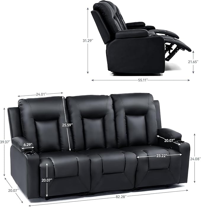 LUCKLIFE Leather Recliner Sofa Set with Manual Recliners,Living Room Furniture Set with Reclining Couch,Loveseat and Armchair,Living Room Chair with Cup Holders,Black (3)