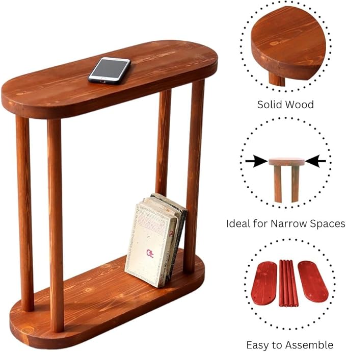 Oval Solid Wood Narrow Side Table, Slim End Table, Small Coffee Table (Chestnut, XLarge)