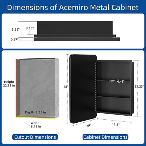 20x28 Inch Black Recessed Bathroom Medicine Cabinet with Mirror Metal Framed Farmhouse Surface Wall Mounted Mirrored Bathroom Medicine Cabinets