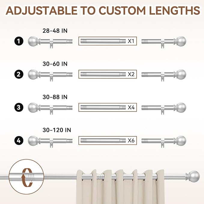 Silver Curtain Rod for Windows 48 to 84 or 88 Inch, 2 Pack 5/8 Inch Diameter - Image 5