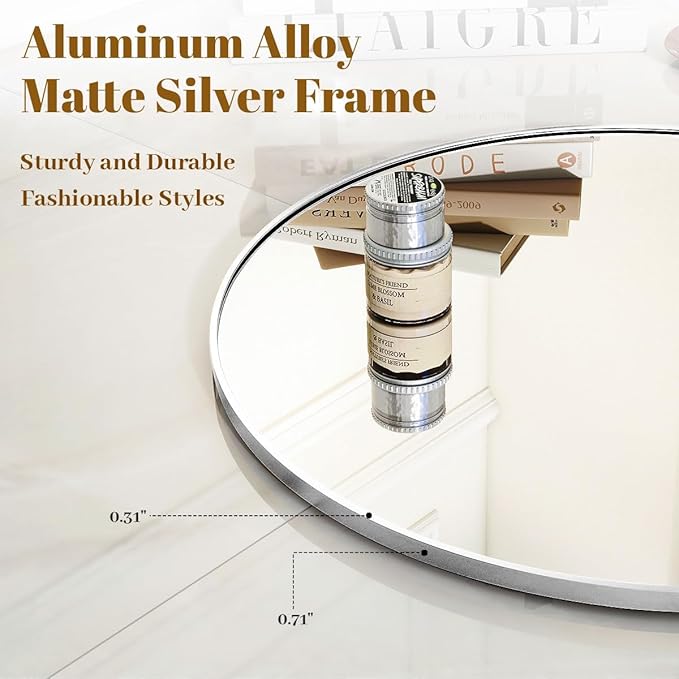 Silver Round Bathroom Mirror, 24 inch Circle Wall Mounted Hanging Mirror with Simple Modern Circular Metal Frame for Hallway, Entryway, Living Room, Silver Frame