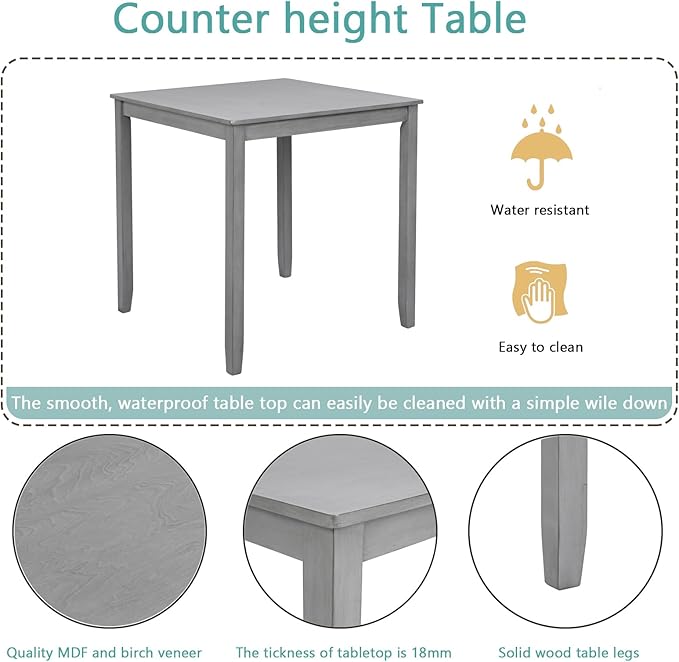 KEIKI 5-Piece Counter Height Dining Table Set with Square Table and 4 Upholstered Slatted Backrset Chair, for 4 Person, Modern Style Wooden Table Set, Easy Assembly, for Kitchen, Dining Room, Gray