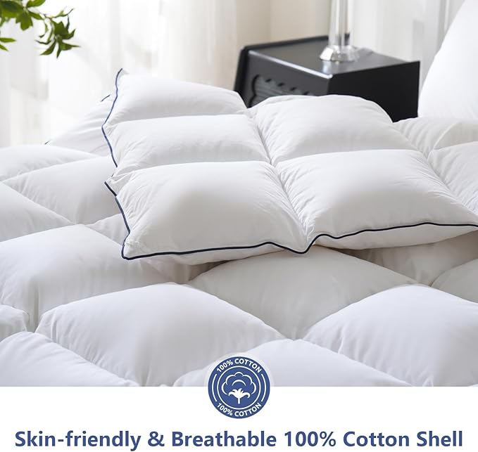 DOWNCOOL White Feather Comforter Full Size, Fluffy Duvet Insert Full with 100% Cotton Cover, All Season Luxurious Hotel Bed Comforter with Corner Tabs, 82 x 86 Inch