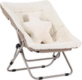 Welnow Comfy Saucer Chair, Oversized Folding Reading Chair for Adults with Throw Pillow Soft Faux Fur Lounge Chair for Bedroom Furry Accent Chair for Living Room, Dorm Rooms, Beige