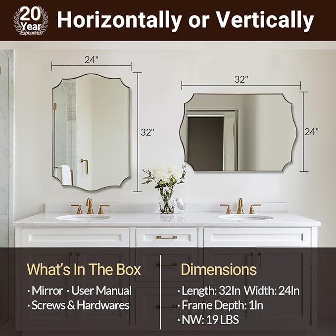 ANDY STAR Gold Mirrors, 24x32 Inch Bathroom Vanity Mirror, Antique Brass Asymmetrical Mirror, Unique Rectangle Mirror with Sophisticated Curved Design, Ideal for Home Decor