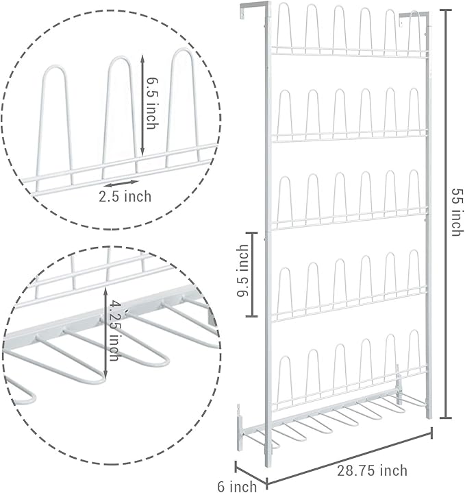 MyGift Modern Matte White Metal Hanging Shoe Rack for Walk in Closet, Mudroom and Entryway, Wall Mounted Space Saving Organizer for Shoes and Boots, Holds 18 Pairs