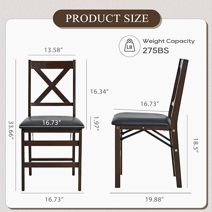 COLAMY Folding Dining Chairs Set of 2, Foldable Chairs with Padded Seats, Wood Folding Dining Room Chairs for Kitchen, Party, Camping, Dark Brown