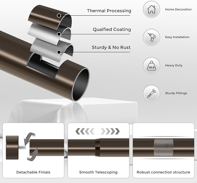 VOIIY Bronze Curtain Rods for Windows 72 to 144 Inch, Size:36-144 Inch - Image 7