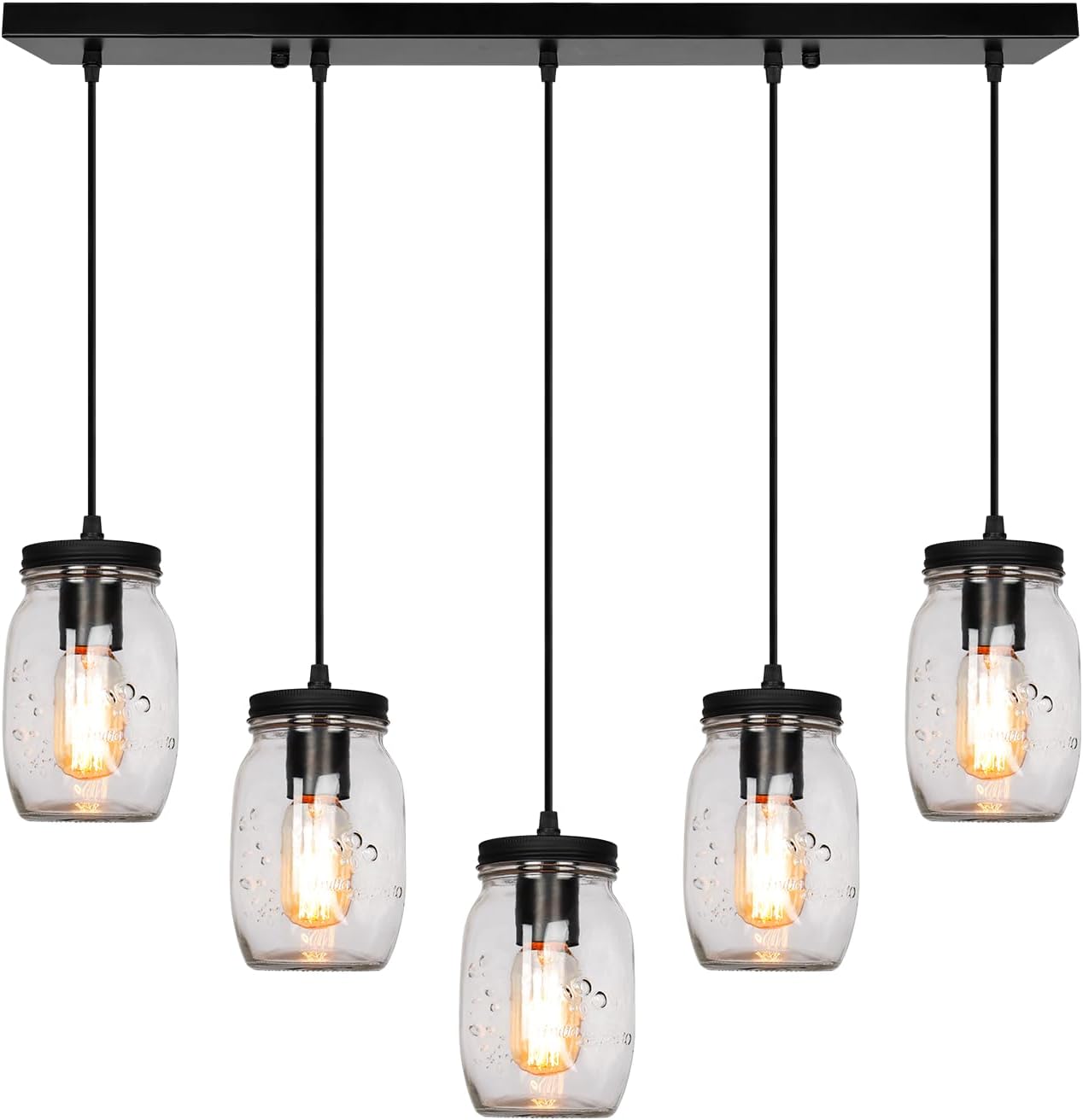 Glass Mason Jar Light Fixtures, 5-Light Adjustable Height Pendant Ceiling Lights Flush Mount - Black Country Farmhouse Lights for Kitchen Dining Room Foyer Stairway Hallway Entryway Porch
