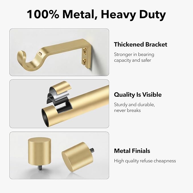 IFELS Heavy Duty Curtain Rods for Windows 72 to 144 Inch, 1 Inch Gold Curtain - Image 4