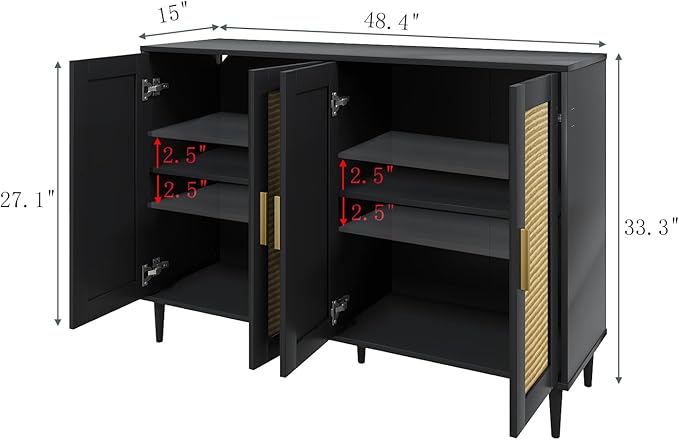Buffet Sideboard,Kitchen Storage Cabinet with 4 Rattan Decorated Doors,Coffee Bar Cabinet with Adjustable Shelves for Living Room,Hallway,Black