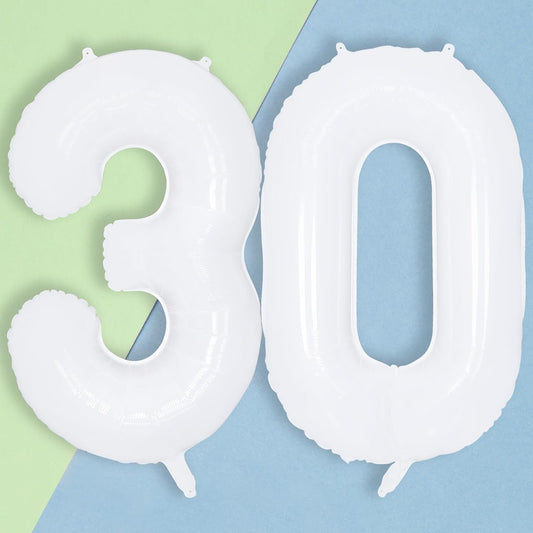 White 30 Number Balloons, 40 Inch Helium Foil Number 3 & 0 Balloons for 30 Year Old Birthday Decorations, Large Self Inflating Mylar Balloon for Men 30th Birthday Party Anniversary Decor Supplies