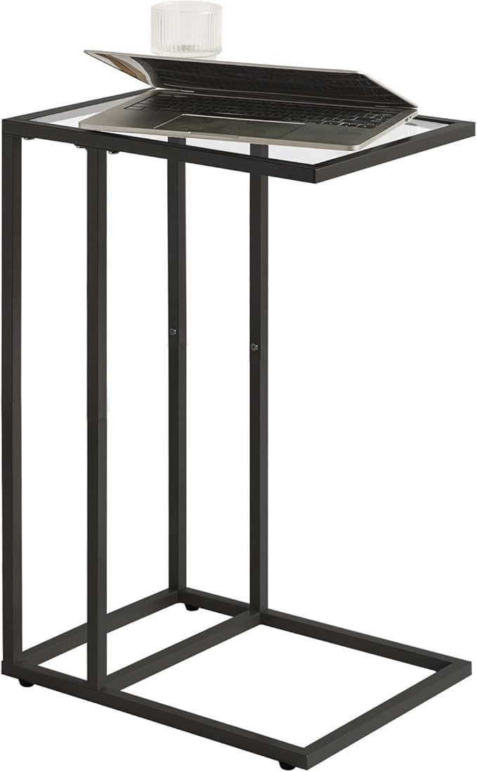 YMYNY C-Shaped End Table, Tempered Glass Sofa Side Table, nightstand for Small Place,Coffee Table for Hallway Office Bedroom Living Room, Metal Frame, Black, 24.8 * 15.75 * 11.8" UHGD001B