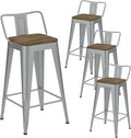 Silver Bar Stools Set of 4, Metal Bar Stools with Wooden Seat, Modern 24”Counter Height Barstools with Low Back