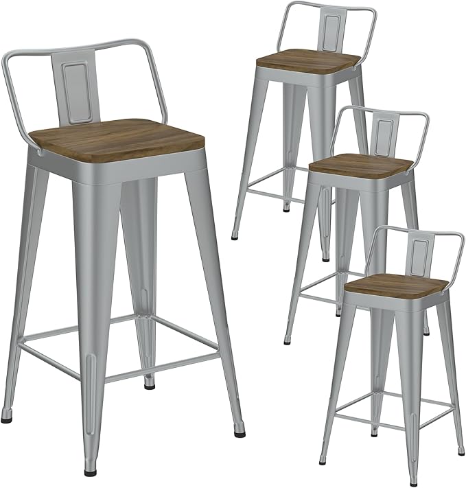 Silver Bar Stools Set of 4, Metal Bar Stools with Wooden Seat, Modern 26”Counter Height Barstools with Low Back