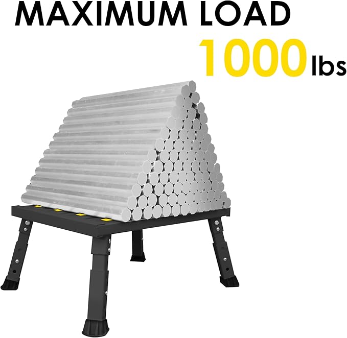 Adjustable Height Aluminum RV Step, Stable Foldable Platform Step Stool, Supports Up to 1,000 lb, Non-Slip Rubber Feet and Platform Mat, Easy to Carry (Black)