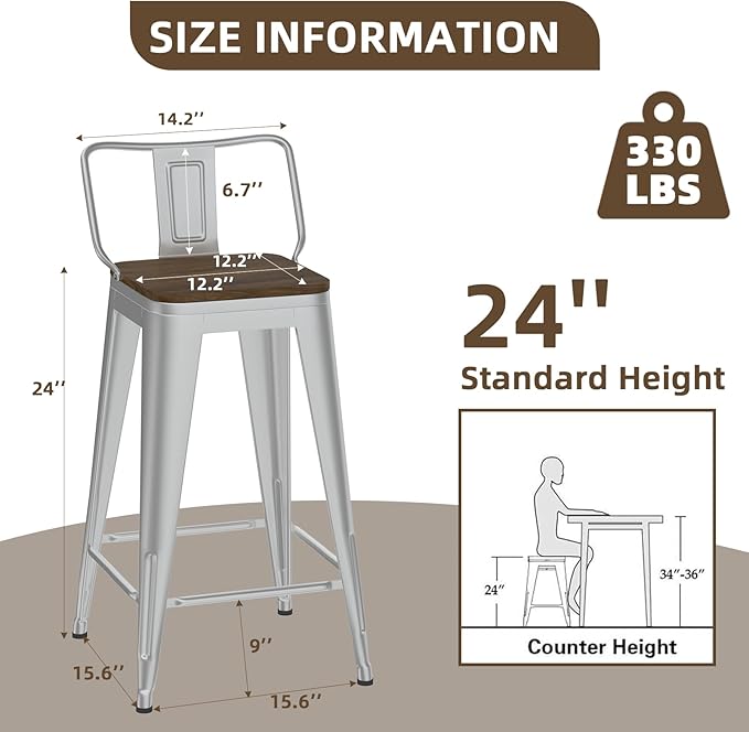 24 Inch Swivel Bar Stools Set of 4, Counter Height Bar Stools with Low Back, Metal Industrial Bar Chairs for Kitchen Island (Silver)