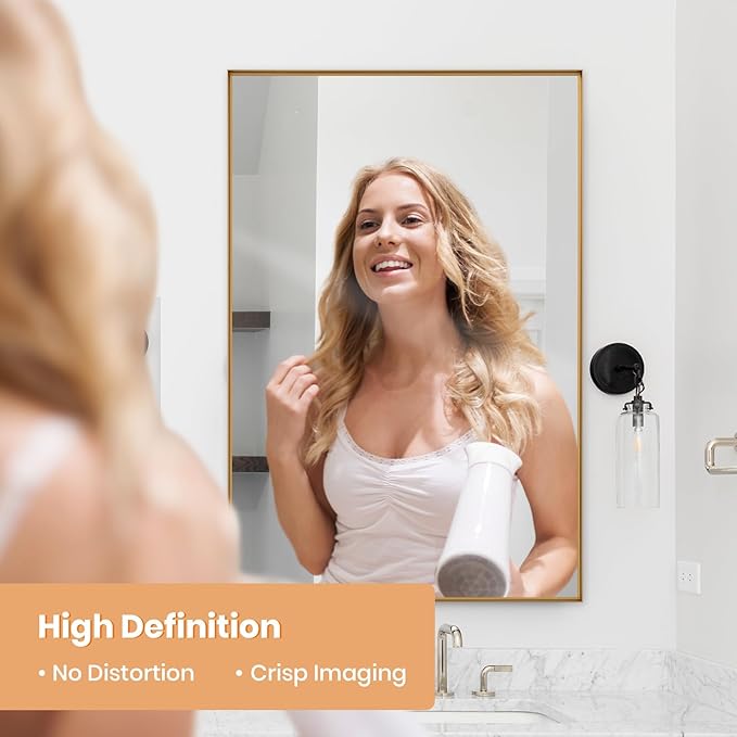 Melodieux Wall Vanity Bathroom Mirror for Over Sink, 30"x48" Rounded Rectangle Metal Deep Frame Wall Mounted Mirror Wall Decor for Living Room Hallway, Gold