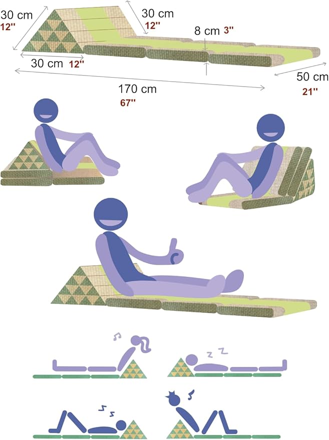 Leewadee - Comfortable Japanese Floor Mattress Used As Thai Floor Bed with Triangle Cushion, Futon Mattress Or Thai Massage Mat, 67 x 21 inches, Blue