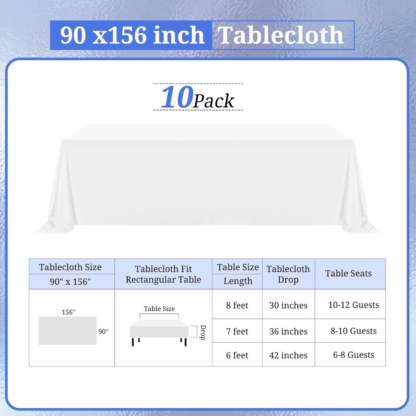 10 Pack Polyester Tablecloths, White 90 x 156 Inch Polyester Table Cloth for 8 Foot Rectangle Tables, Stain and Wrinkle Resistant Washable Fabric Table Cover for Wedding Banquet Restaurant Party