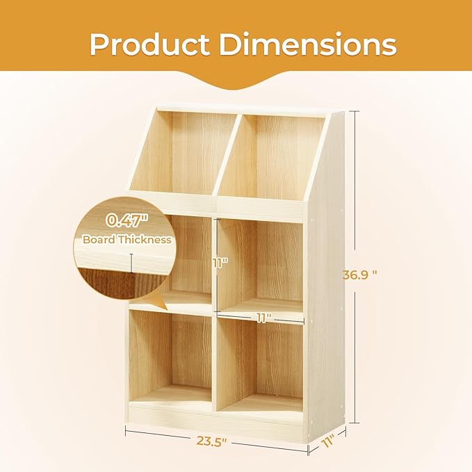 6-Cube Wooden Storage Bookcase - 11-Inch Open Shelf Cabinet, Simple Modern Bookshelf Organizer for Home Office, Living Room, Oak