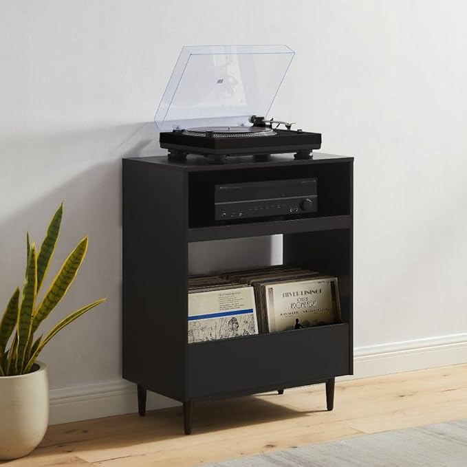 Crosley Furniture Liam Turntable Record Player Stand with Storage for Vinyl Records, Mid Century Modern, Black