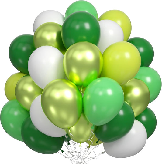 60PCS Green Party Balloons, Dark Green Emerald Green Lime Greens Chrome Metallic Greens and White Latex Balloon, for Greens Themed Birthday Jungle Safari Party Supplies St. Patrick's Day Decoration