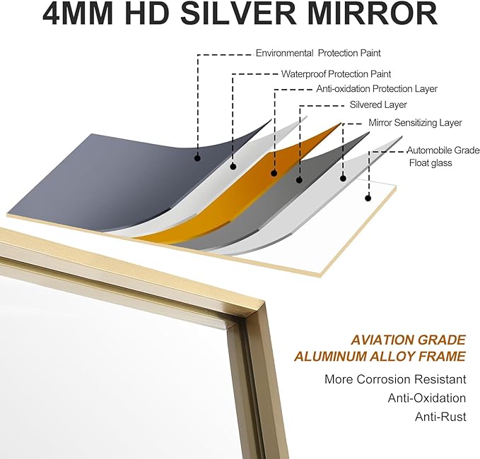 24x32 Inch Gold Bathroom Mirror - Copper-Free Mirror, Aluminum Alloy Frame Vanity Rectangle Wall Mounted Modern Mirror for Bedroom/Living Room/Porch Horizontal or Vertical