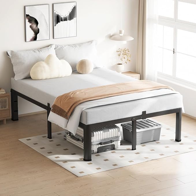 14 Inch Queen Bed Frame, 3500Lbs Heavy Duty Metal Platform with Round Corner Legs Mattress Slide Stopper, Steel Slat Support No Box Spring Needed, Noise Free, Non-Slip, Easy Assembly