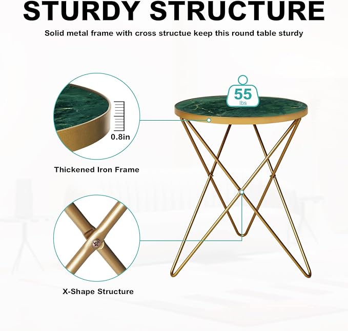 HLR Modern Round Side Table, End Table with Marble Effect Top and Gold Metal Frame, Small Side Table for Living Room, Bedroom, Sofa and Couch, Gold Legs, Green Marble top
