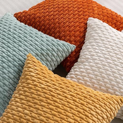 Set of 4 Yellow Rust Aqua Decorative Throw Pillow Covers 18x18 Inch Corduroy - Image 4