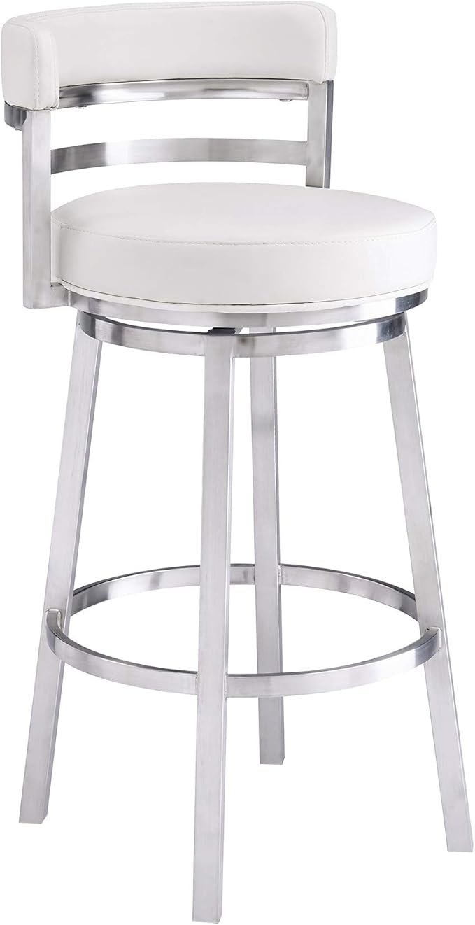 Armen Living Madrid 30" Seat Height Swivel White Faux Leather and Brushed Stainless Steel Bar Stool for Kitchen Island Counter
