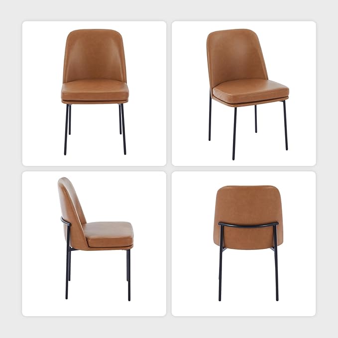 COLAMY Modern Dining Chairs Set of 6, Faux Leather Upholstered Kitchen Chairs with Curved Back & Metal Legs, Mid-Century Dining Room Chair (Brown)