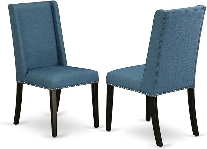 East West Furniture DLFL3-ABK-21 3 Piece Dining Room Table Set Contains a Round Kitchen Table with Dropleaf and 2 Blue Linen Fabric Parsons Dining Chairs, 42x42 Inch, Wirebrushed Black