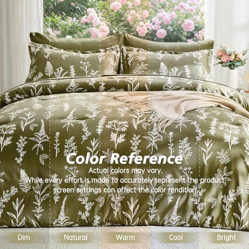 MUXHOMO King Comforter Set, 7-Piece Floral Bed in a Bag, Olive Green - Image 6