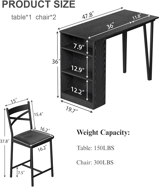 Garvee Bar Table and Chairs Set, 3 Piece Bar Table Set with with Flip Top Extension and Storage Shelves, Dining Table Set for 2, Suitable for Small Space Kitchen Apartment, Black
