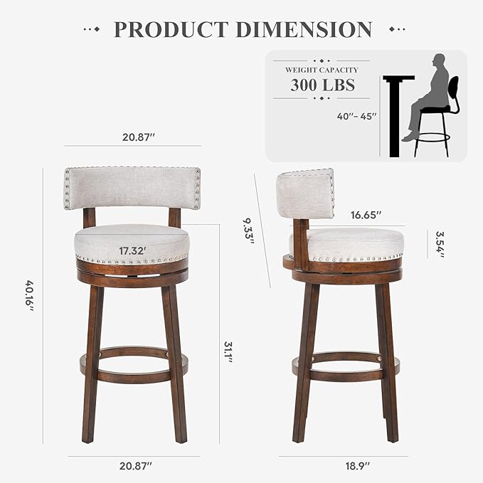 COLAMY Swivel Bar Stool, Swivel Bar Height Bar Stool, Modern Swivel Barstool with Back, Upholstered Wood Barstool for Kitchen Island Dining Room Bar, Beige, FM-4840-30-Beige-F