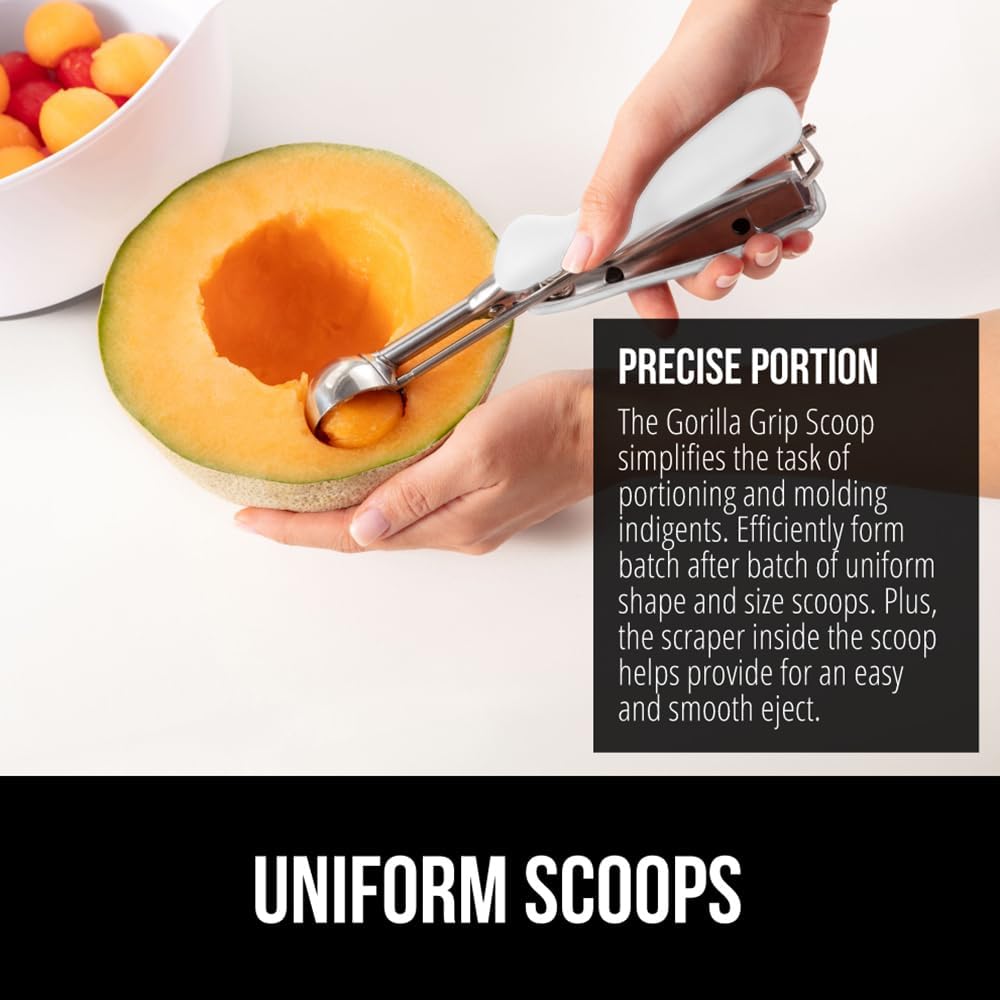GORILLA GRIP Stainless Steel Multipurpose BPA-Free Spring Scoop, 3 TBSP, Melon Ballers, Cookie Dough Scoops, Perfect Portion Sizes, Easy Squeeze and Clean Release, Scooper Size 20, White