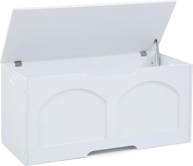 39.4" Storage Chest, Wooden Storage Bench, Storage Trunk, Chest with Lift Top, Large Box Entryway Bench, Supports 330 lb U-Shaped Opening for Entryway, Hallway, Living Room, Ivory White