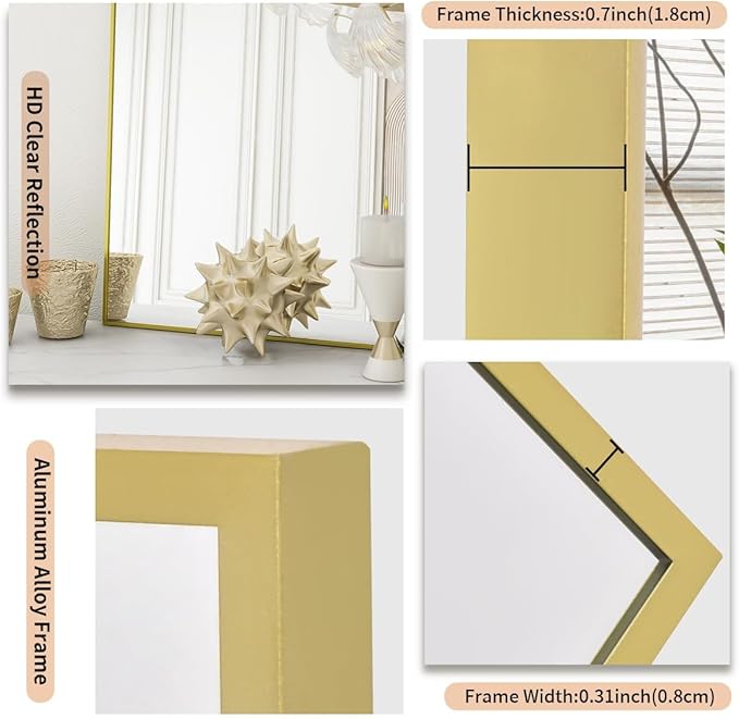 Koonmi Gold Mirrors for Wall, 36x48 Inch Bathroom Mirror, Rectangular Wall Mirror for Living Room Bedroom Bathroom, Hangs Horizontally or Vertically