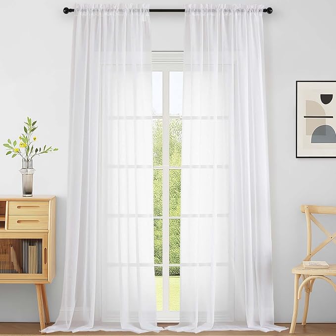 Extra Wide Sheer White Curtains 144 Inches Long 2 Panels, Extra Long Light by Home