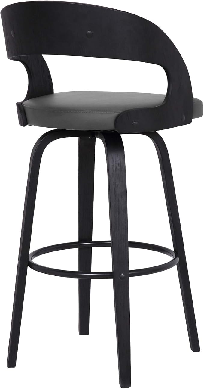 Armen Living Shelly 30" Bar Height Swivel Gray Faux Leather and Black Wood Bar Stool - Set of 4