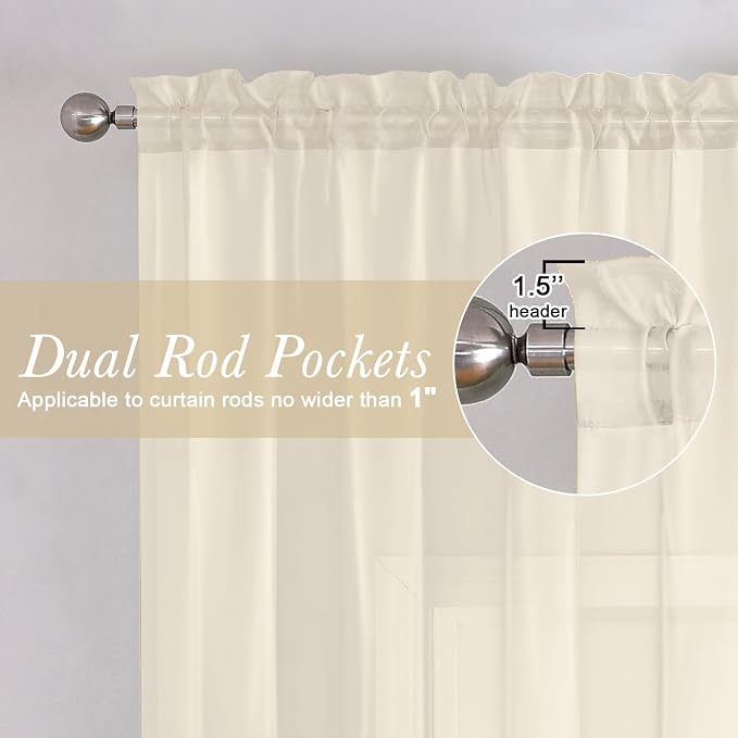 Lecloud Cream Sheer Curtains 120 Inches Long 2 Pcs, Rod Pockets Voile Living - Image 6