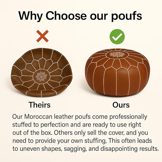 Stuffed Round Design Moroccan Leather Pouf Ottoman, Handmade, Pre-Filled, 100% Genuine Leather, 13” Height x 20” Diameter, Footstool & Living Room Décor (Orange)