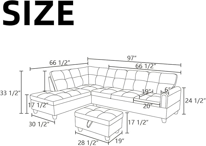 NAYSAYE Sectional Couch with Ottoman Storage, L Shaped Couch Sofa Furniture Sets, Modern Comfy Modular Comfy Sofa for Living Room Bedroom, Office and Apartment, Black