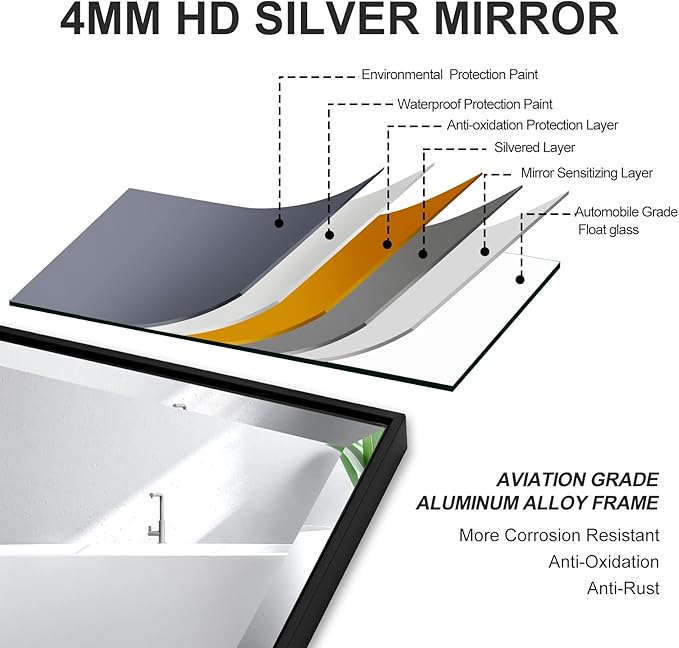 30x48 Inch Black Mirror with Beveled Trim, Aluminum Frame Bathroom Vanity Mirror, Copper-Free Mirror, Rectangle Wall Mounted Mirror, Modern Rectangular Mirror Horizontal or Vertical
