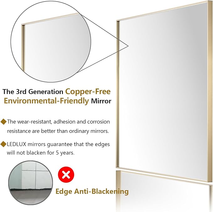 24x30 Inch Gold Bathroom Mirror - Copper-Free Mirror, Aluminum Alloy Frame Vanity Rectangle Wall Mounted Modern Mirror for Bedroom/Living Room/Porch Horizontal or Vertical