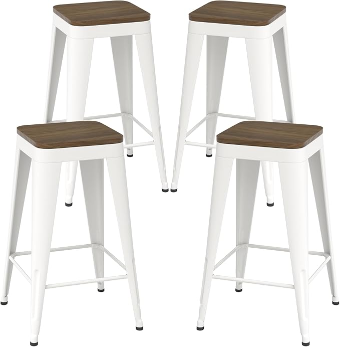 26 inch Backless Bar Stools Set of 4, Indoor Metal Bar Stools with Wood Seat, Industrial Counter Height Barstools for Kitchen Island, White
