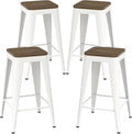 26 inch Backless Bar Stools Set of 4, Indoor Metal Bar Stools with Wood Seat, Industrial Counter Height Barstools for Kitchen Island, White