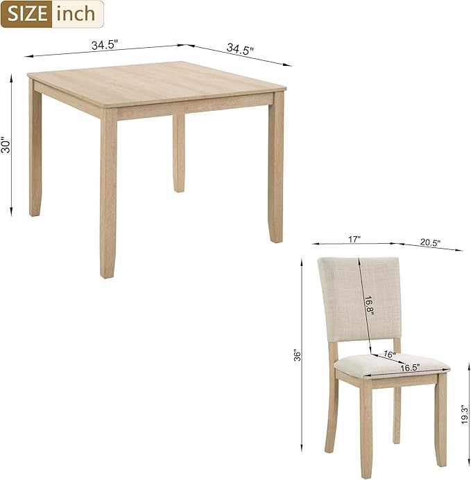 Ball & Cast 5 Piece Dining Table Set with 4 Upholstered Chairs,Wooden Living Room Furniture W/ 34.5" Square Kitchen Desk & Backrest Chair,for Small Space,Dining Room,Liaght Oak & Beige